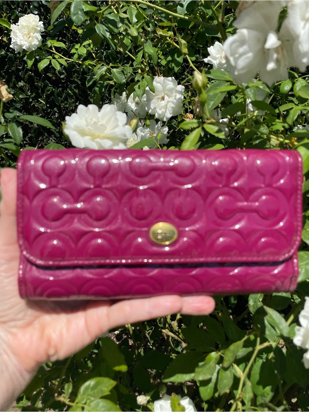 Coach Pink Ruby Signature C Embossed Patent Leather Slim Envelope Wallet